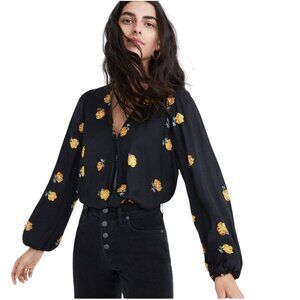 Madewell Bubble Sleeve Wrap Top In Floating Florets Black Gold Size S